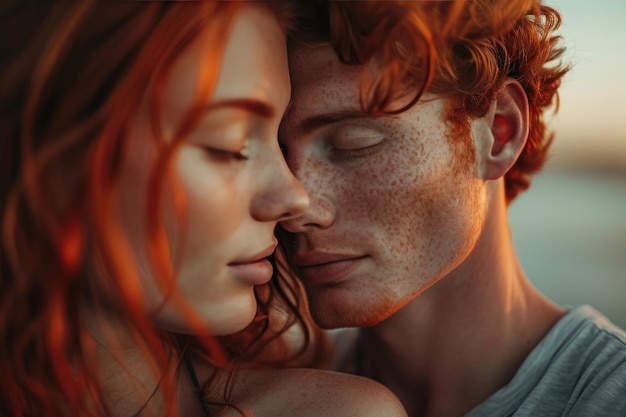 Closeup side view portrait of a beautiful woman with red hair and freckles kissing with her boyfriend with eyes closed while against sunset