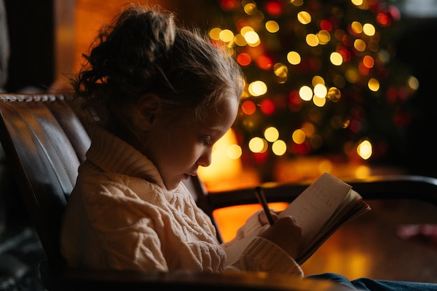 Closeup side view of pretty little blonde curly child girl writing letter to santa claus in dark