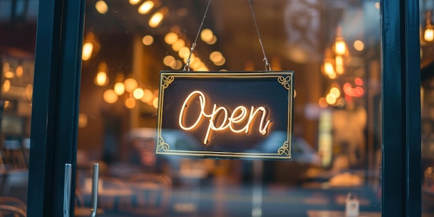 Closeup sign Open on glass door blur restaurant background