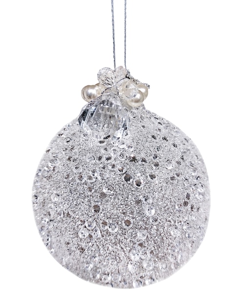 Closeup of silver Christmas ball with glitter, sequins and crystal isolated on white.