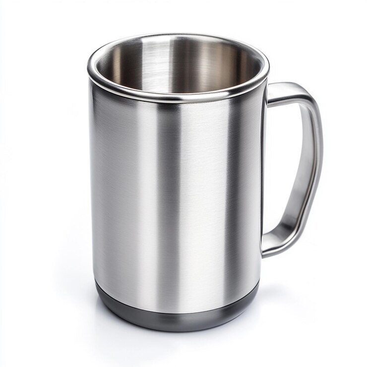 Closeup of silver thermos mug isolated on white background