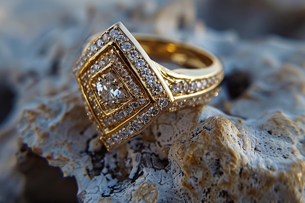 Closeup of silver wedding rings on white rose DOF focus on diamonds