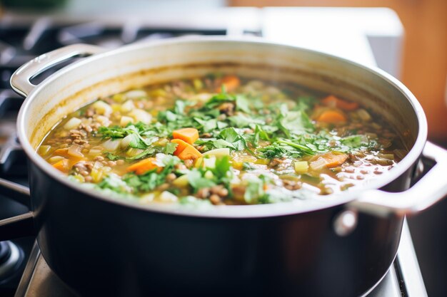 Closeup of simmering lentil soup in a pot