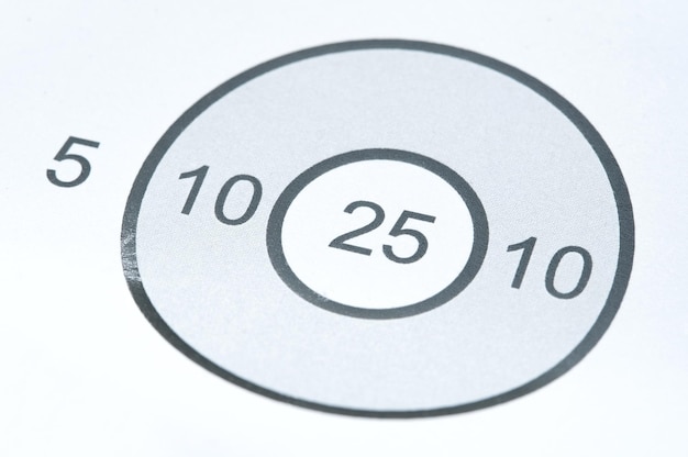 Photo closeup of a simple white printed paper shooting target with marked circles and scoring numbers