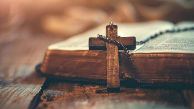 Closeup of simple wooden Christian cross necklace on Bible vintage tone god