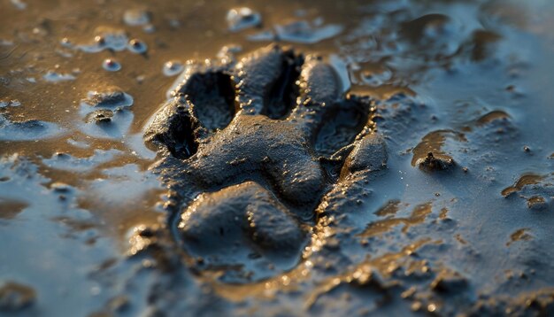 a closeup of a single animal paw print in mud or snow