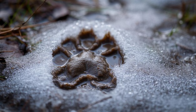 Photo a closeup of a single animal paw print in mud or snow