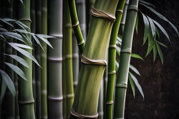 Closeup of a single bamboo tree with its tall and slender trunk visible