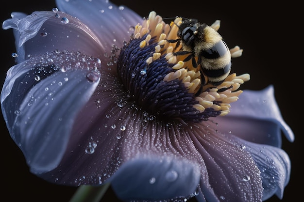Крупный план одного цветка с каплями росы на лепестках и парящей рядом пчелой, созданный с помощью гена
