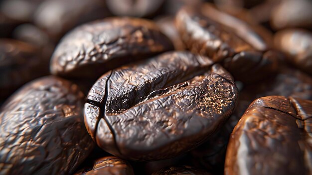 Photo closeup of a single coffee bean the bean is dark brown and roasted with a shiny surface the bean is in focus with a blurred background