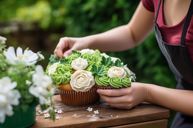 Photo closeup of a single cupcake with vibrant frosting and sprinkles