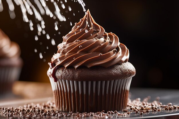 Closeup of a single cupcake with vibrant frosting and sprinkles