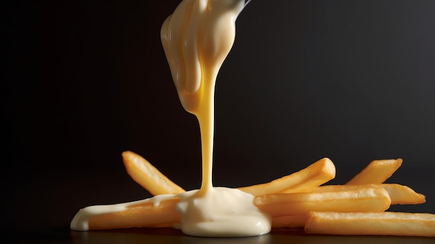 A closeup of a single French fry being dipped into a dollop of mayonnaise