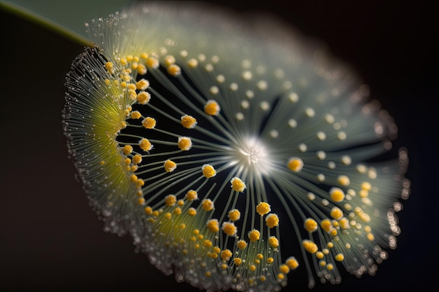 A closeup of a single mimosa flower with its delicate petals and shimmering pollen created with gene