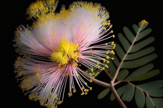 A closeup of a single mimosa flower with its delicate pink petals and yellow center created with gen