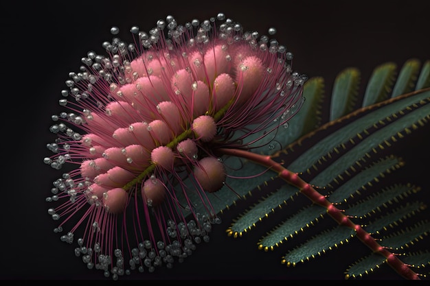 A closeup of a single pink mimosa flower with dew drops still clinging to its petals created with ge