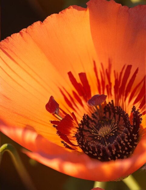 A closeup of a single poppy its petals unfurling in the sunlight