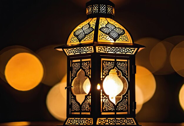 A closeup of a single Ramadan lantern with intricate details and glowing light