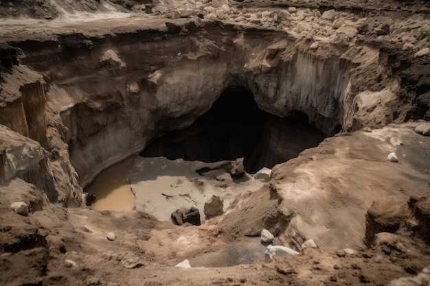 Closeup of sinkhole with debris and rubble visible in the abyss