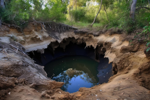 Closeup of sinkhole with water streaming out showing the power of nature