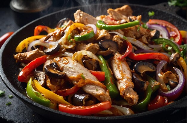 A closeup of a sizzling hot plate of chicken fajitas w