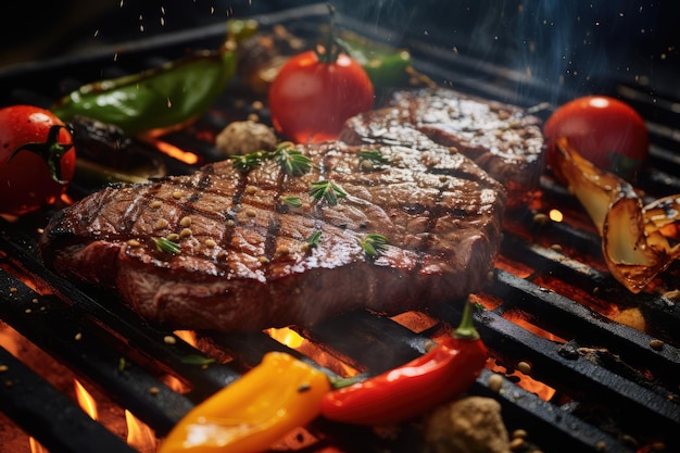 a closeup of a sizzling steak on a hot grill ai generated