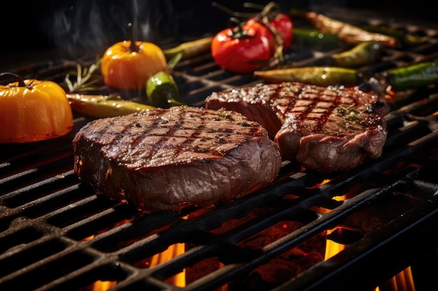 a closeup of a sizzling steak on a hot grill ai generated