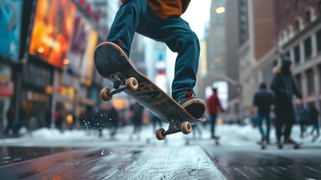 Photo closeup of a skateboard in motion on city streets with blurred pedestrians in the background