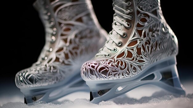 Closeup of skater's blades carving ice patterns