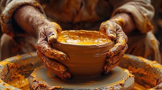 Photo closeup of skilled hands shaping clay on a pottery wheel to craft a goblet in a pottery clas