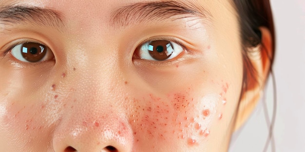 CloseUp Skin Analysis Asian Woman Displays Redness Fine Lines Wrinkles Scales Dark Spots Pores and Pustules Illustrating Complexion Challenges