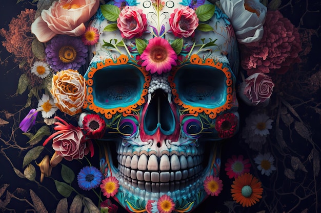 Closeup on skull face with colorful sugar skulls and flowers