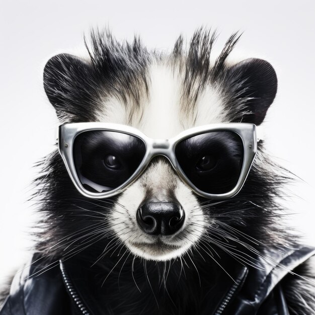 Closeup of Skunk with sunglasses on white background