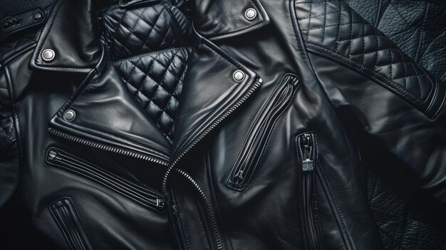 複雑な縫い目と大胆なジッパーを展示する麗な黒い革のジャケットのクローズアップ