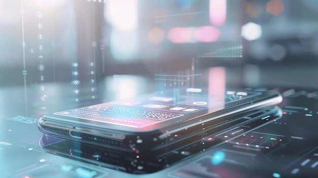 Photo closeup of a sleek smartphone with futuristic digital interface and glowing light