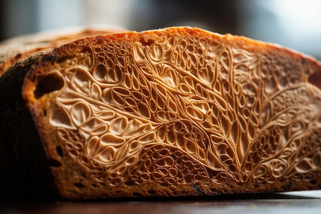 Closeup of slice of bread with intricate and beautiful design on surface created with generative ai