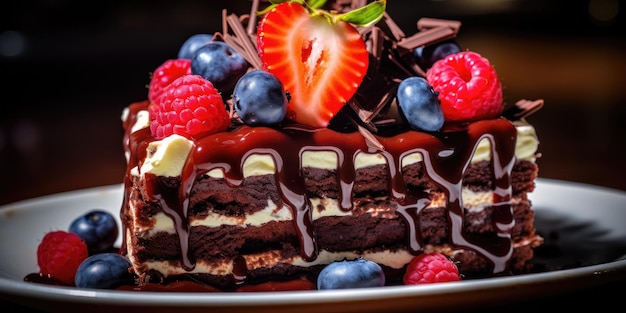 Крупный план кусочка шоколадного блаженства в центре внимания вкусных фруктов