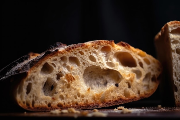 Closeup of slice of freshly baked bread with visible crust and crumb created with generative ai