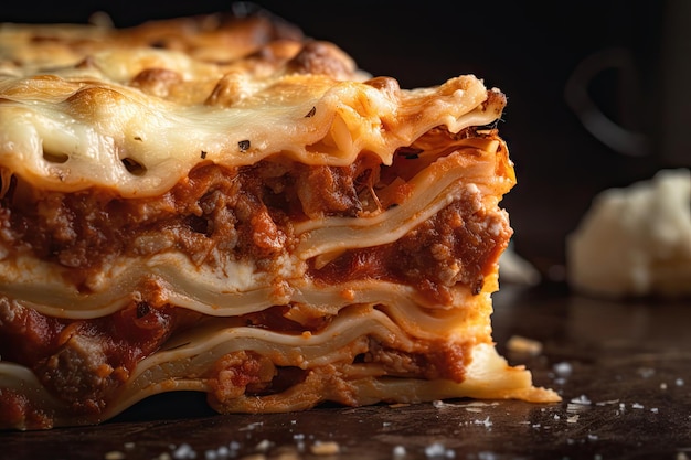 A closeup of a slice of lasagna with its layers and flavors visible