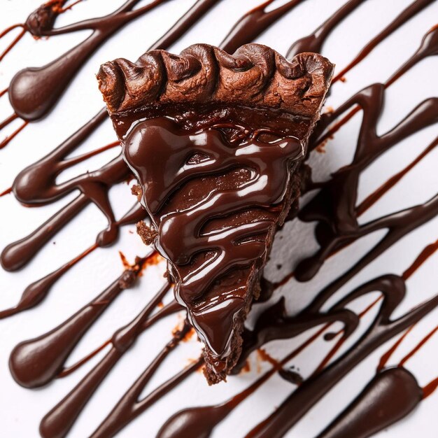 Closeup of a slice of Mississippi mud pie with chocolate drizzle