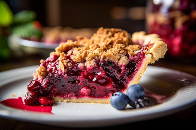Photo closeup of a slice of mixed berry crumble pie with streusel topping pie picture photography