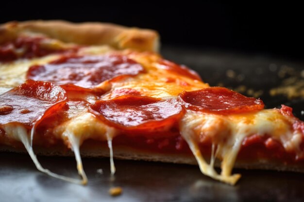 Closeup of a slice of pepperoni pizza with cheese and sauce visible created with generative ai