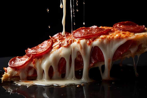 Photo closeup of a slice of pepperoni pizza with melted cheese stretching