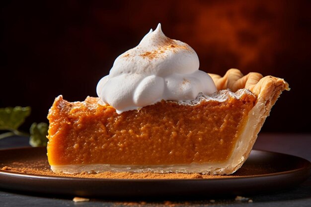 Closeup of a slice of pumpkin pie with whipped cream pie picture photography