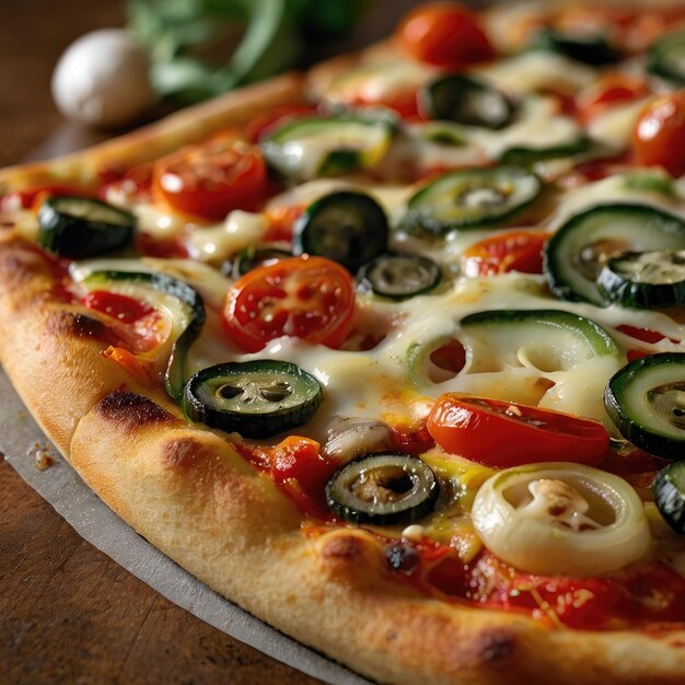 Photo closeup of a slice of vegetable pizza