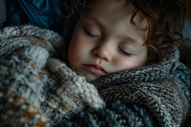 Foto un primo piano di un piccolo bambino che dorme tranquillamente sul petto della madre irriconoscibile