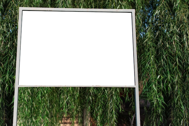 Closeup of small billboard with white blank in forest on background of blurred trees Mockup concept