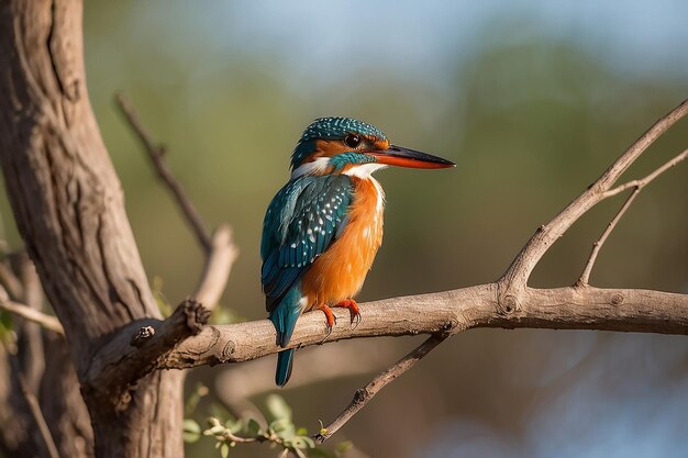 Closeup of a small cute colorful kingfisher perched on a branch in the african bush on the riverbank of chobe