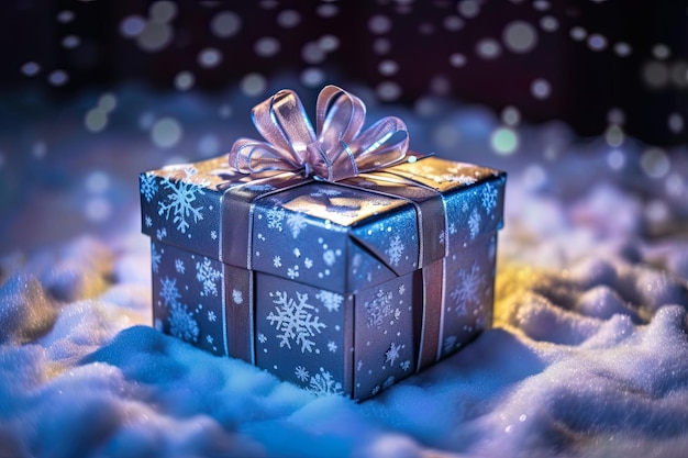 Closeup of a small gift box with intricate ribbons and blurred bokeh background