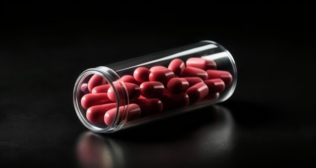 A closeup of a small glass vial filled with red pills